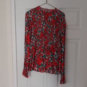Red Floral Long-Sleeve Smocked Peplum Top